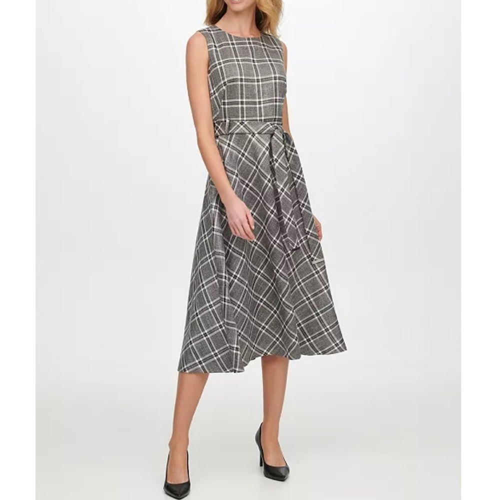 NWT Calvin Klein Metallic Gray White Plaid Belted Dress size 2
